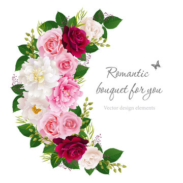 Romantic semicircle garland frame with pink, white and red roses, pink and white peonies. Can be used as invitation for wedding, birthday, thank you card, Valentine's Day and other holiday. EPS 10