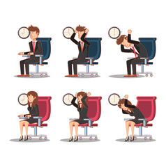 businesspeople avatars with work time elements vector illustration