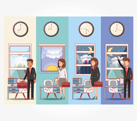 businesspeople avatars with work time elements vector illustration