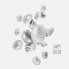 Happy Easter background with realistic silver shine decorated eggs