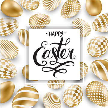 Happy Easter lettering background with realistic golden shine decorated eggs