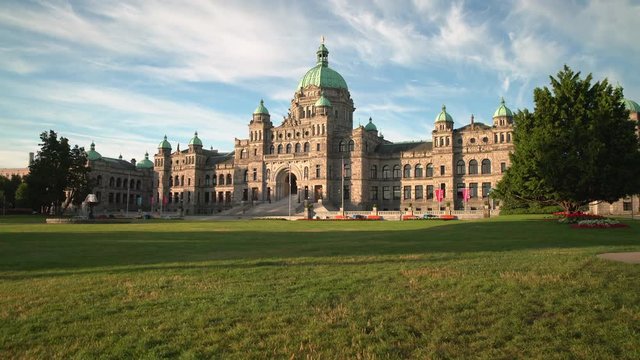 Parliament Building Lawn, Victoria, British Columbia 4K UHD. A dolly shot of the parliament building in Victoria, British Columbia. 4K UHD.

