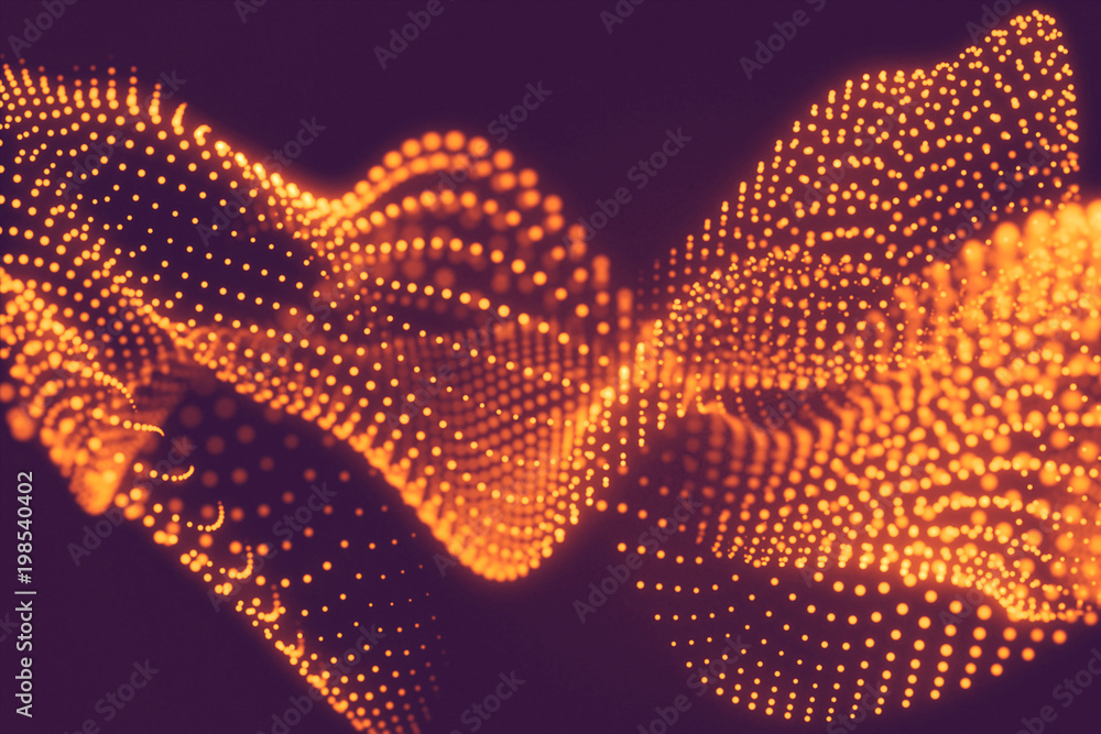 Poster abstract gold cg wave texture with glowing defocused particles. cyber or technology digital landscap