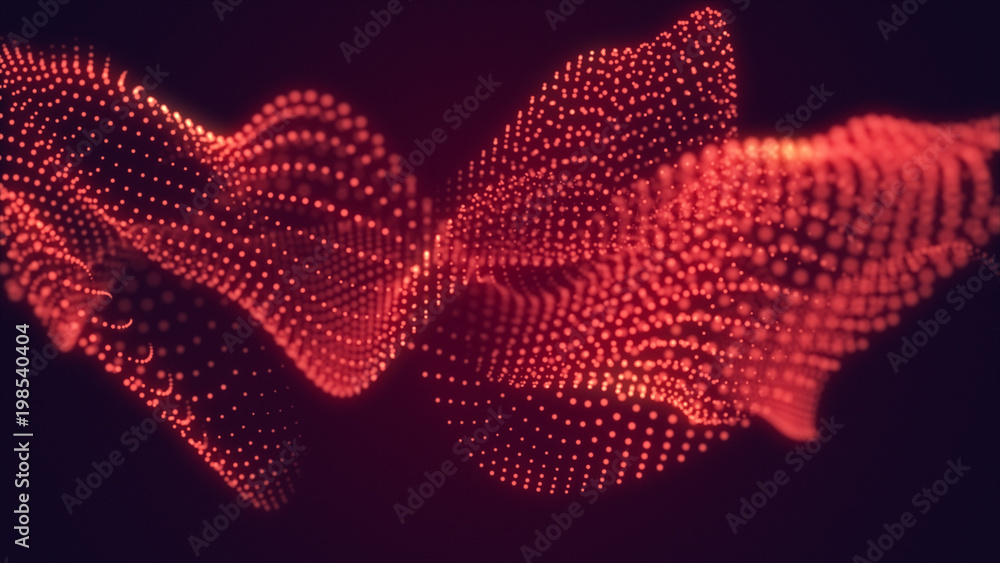 Poster abstract red cg wave texture with glowing defocused particles. cyber or technology digital landscape