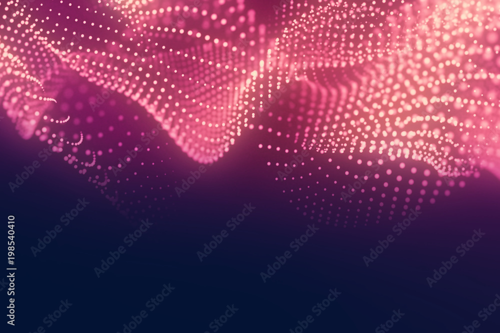 Poster abstract red cg wave texture with glowing defocused particles. cyber or technology digital landscape