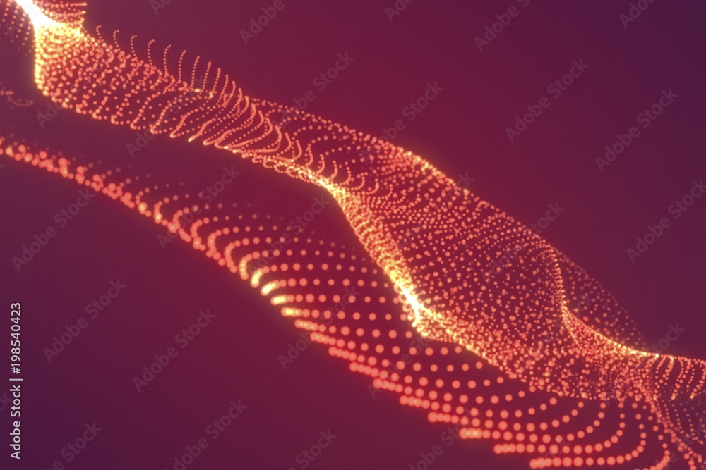 Poster abstract red cg wave texture with glowing defocused particles. cyber or technology digital landscape