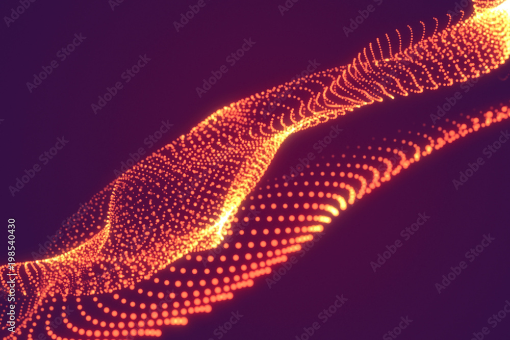 Poster abstract gold cg wave texture with glowing defocused particles. cyber or technology digital landscap