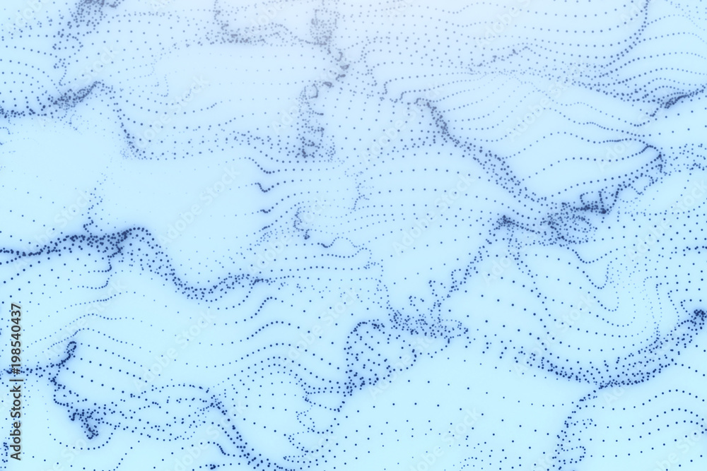 Poster abstract blue cg wave texture with glowing defocused particles. cyber or technology digital landscap