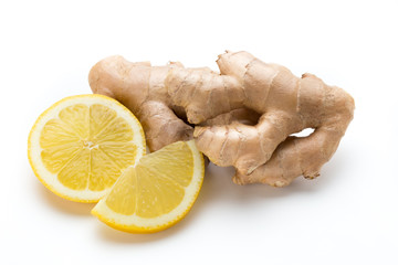 Ginger bio and lemon on white background.