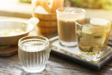 Drinking water in glass, Breakfast background.