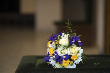 iris flower wedding bouquet on the armchair
