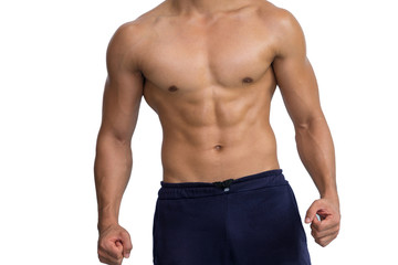 Fototapeta premium Muscular athlete bodybuilder man isolated on white background. Healthy sport Concept