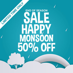 Monsoon sale ads offer for discount promotion banner with cloud, rainbow and tree in paper art style