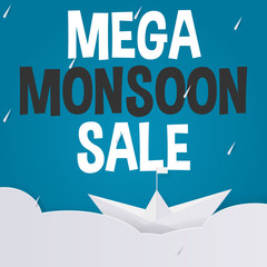 Monsoon sale ads offer for discount promotion banner with cloud, ship and rain in paper art style