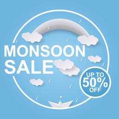 Monsoon sale ads offer for discount promotion banner with cloud, ship and rainbow in paper art style