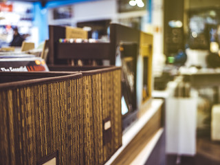 vinyl record crate in the store close up