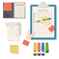 Agenda list vector business paper clipboard in flat style self-adhesive checklist notes schedule calendar planner organizer article illustration.