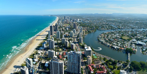 View over Surfers Paradise and Nerang river in Queensland, Australia.
