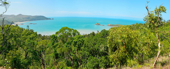 Panoramic view of Cape Hillsborough with Wedge Island and reef in Cape Hillsborough National Park...
