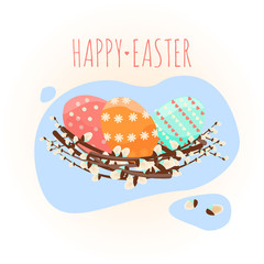Happy easter. Vector image of Easter symbols. A painted egg, a nest of the Easter bunny. An opening, an illustration for a spring theme