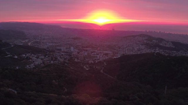 Aerial of Barcelona and its surroundings at sunrise