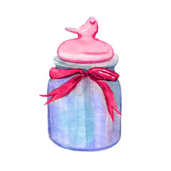 Hand Drawn Watercolor jar of spices with a pink bird Illustration Isolated White Background. Colorful Vintage Rural Sketch Design. Provence Style.