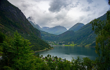 Fototapeta na wymiar Beautiful view from the height of the village Geiranger