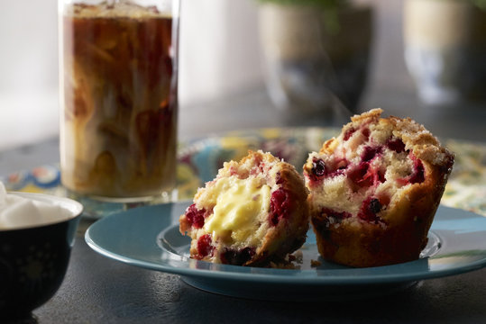 Iced Coffee and Hot Blueberry Muffin
