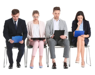 Group of people waiting for job interview on white background
