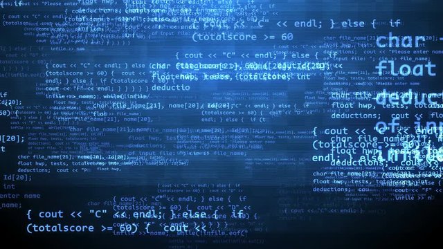 A trailblazing 3d rendering of a coding program with flying blue letters, digits, curly and round brackets, angle quotes and other symbols in the black background