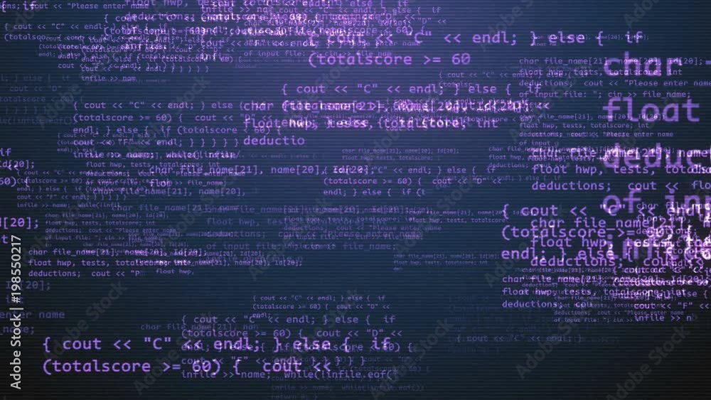 Poster a volumetric 3d rendering of a coding program with self printing and approaching violet texts, formu