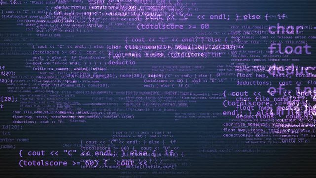 A volumetric 3d rendering of a coding program with self printing and approaching violet texts, formulas, digits, pluses, minuses, equals, and other symbols in the black background. 