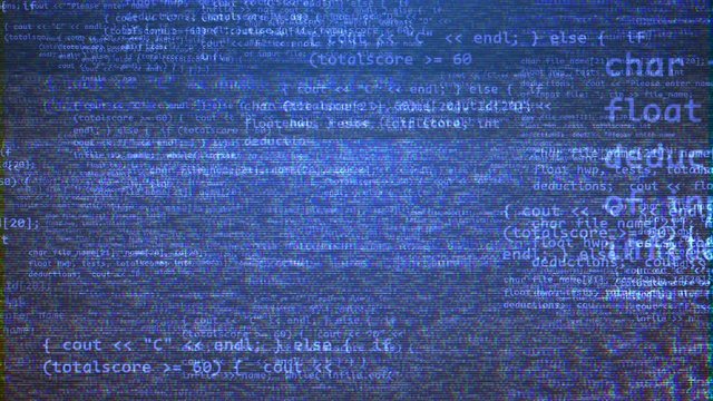 A holographic 3d rendering of a coding program with flittering and flying blue texts, formulas, numbers, curly and round brackets, colons and other signs in the black background. 