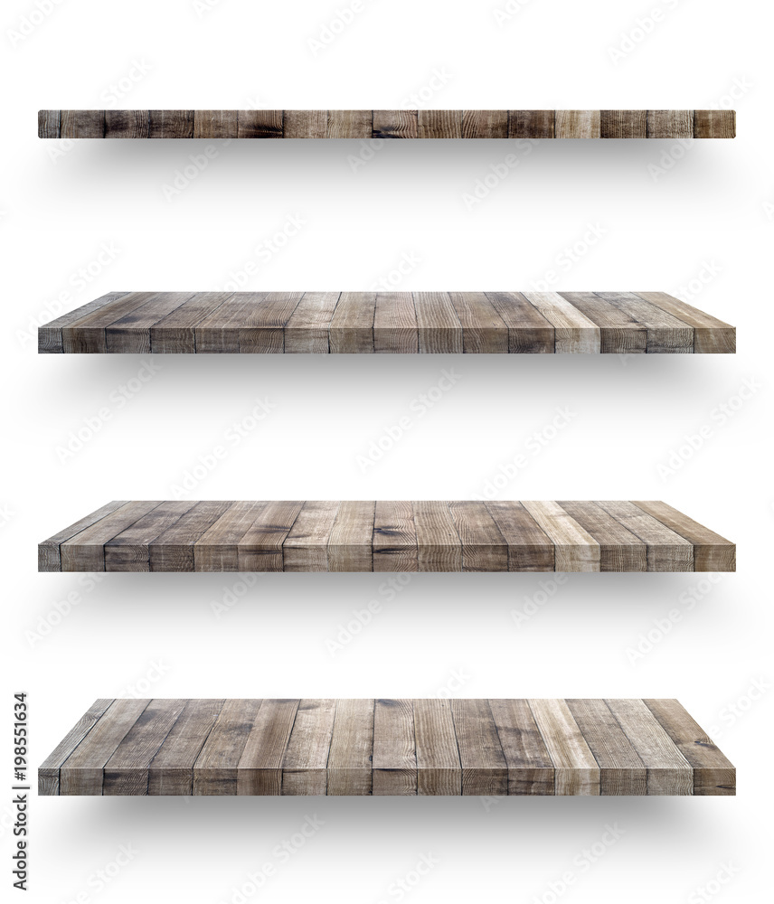 Wall mural wooden shelf template set isolated on white background with clipping path