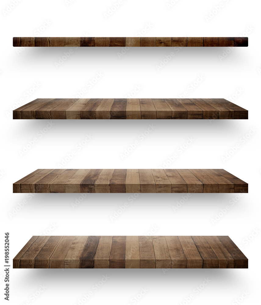 Wall mural wooden shelf template set isolated on white background with clipping path