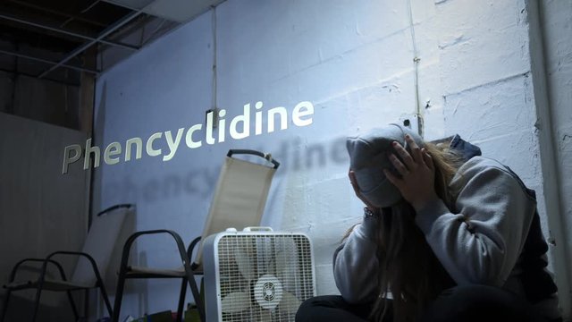 A addict is struggling with withdrawal symptoms with text - Phencyclidine