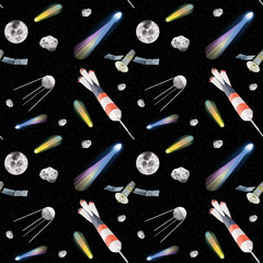 The cosmic pattern in the starry sky. Watercolor picture of a rocket, satellite, moon, meteorite, comet on a dark background. © MarinaErmakova
