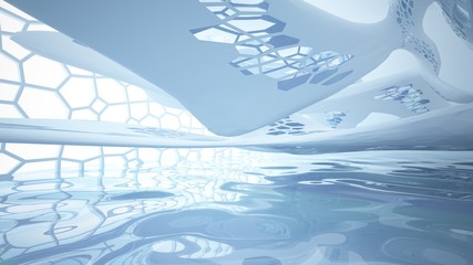 Abstract white and blue water parametric interior with window. 3D illustration and rendering.