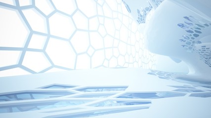 Abstract white and blue water parametric interior with window. 3D illustration and rendering.