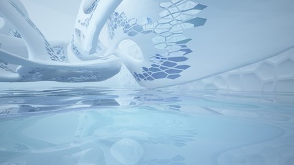 Abstract white and blue water parametric interior with window. 3D illustration and rendering.