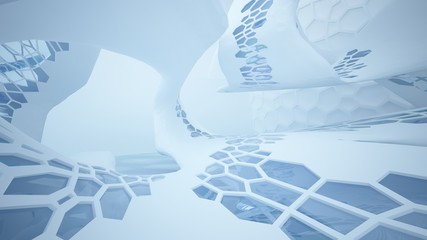 Abstract white and blue water parametric interior with window. 3D illustration and rendering.