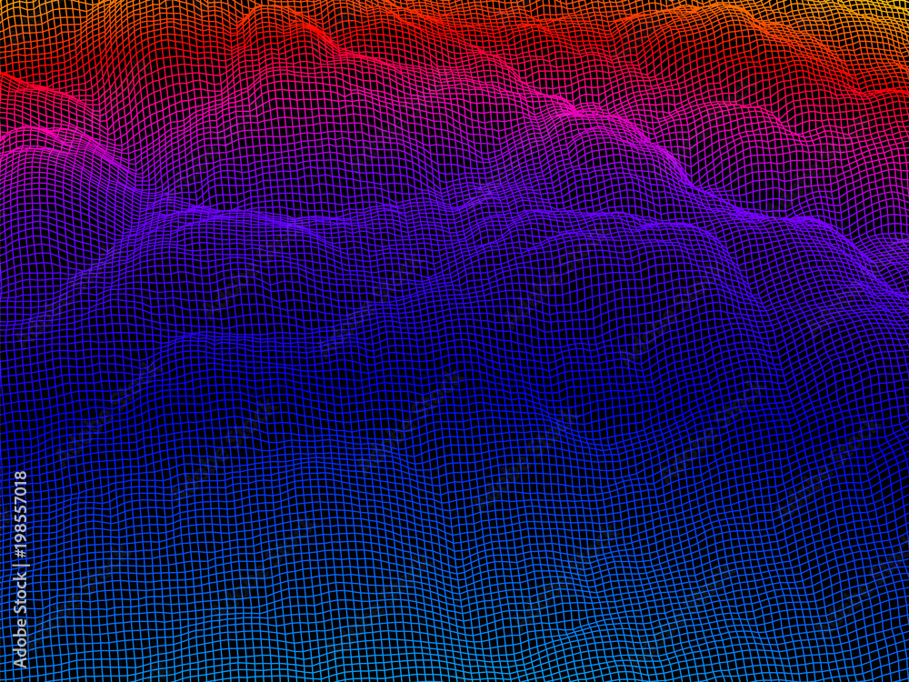 Poster digital landscape with mountains or clouds made of line grid