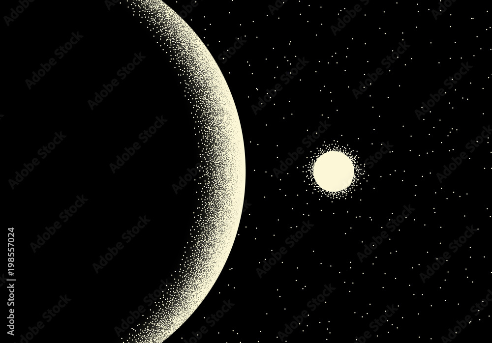 Aufkleber space landscape with scenic view on planet and stars made with retro dotwork style