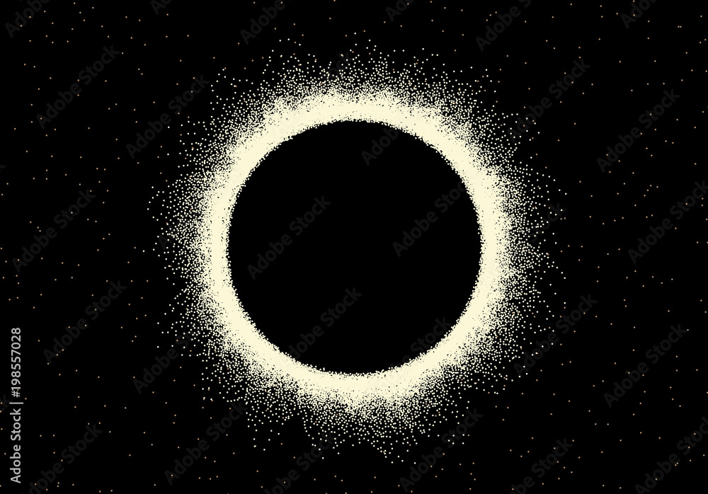 Poster space landscape with scenic view on solar eclipse made with retro dotwork style