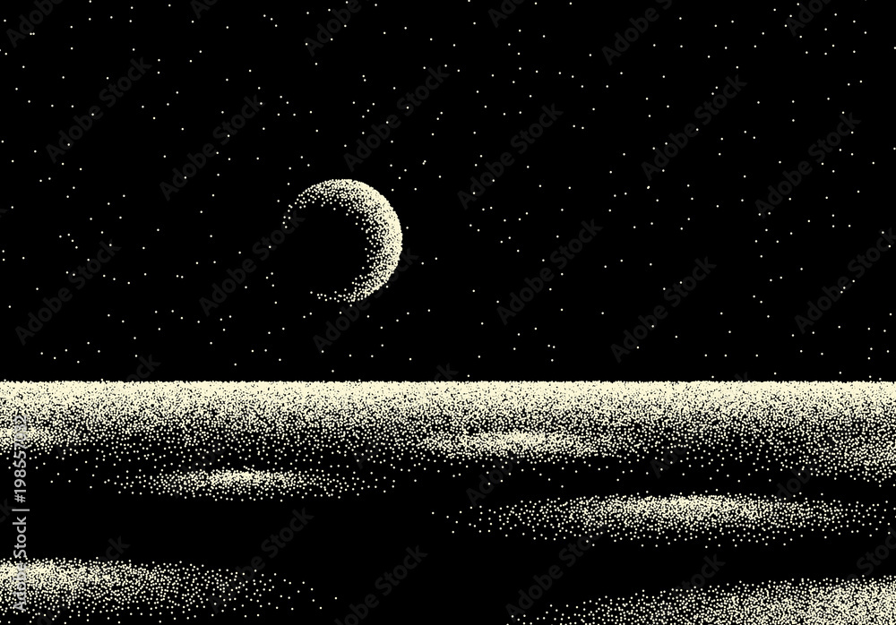 Poster space landscape with scenic view on planet and stars made with retro dotwork style