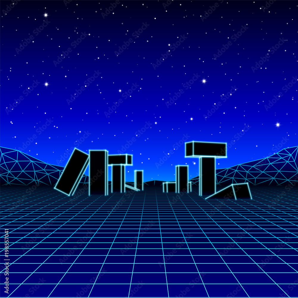 Poster neon landscape with 80s retro wave game style