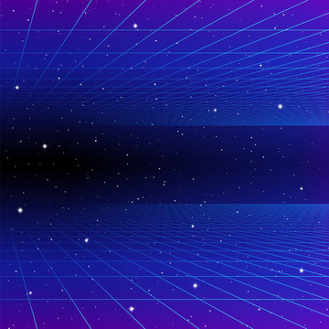 Retro neon background with 80s styled laser grid and stars