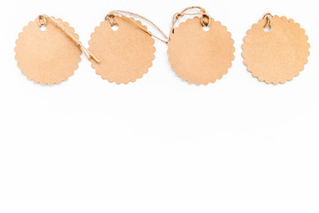 Figured blank tags for write price or discount on white background space for text mockup