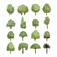 Side view, set of green graphics trees elements outline symbol for architecture and landscape design drawing. Natural icon. Vector illustration