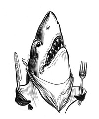 Hungry shark with fork and knife. Ink black and white illustration